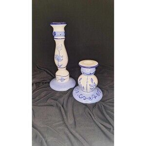 Set of 2 Candle Holders Blue Floral Design Possibly Lillian Vernon, Not Marked